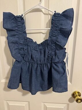 Glam Chambray Blue Ruffled Strap Top